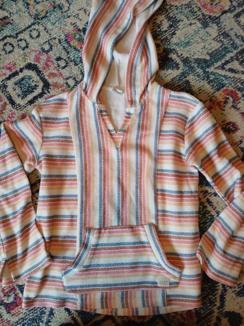 Roxy Striped Hooded Pullover in Blue, Pink, Gold and Brown